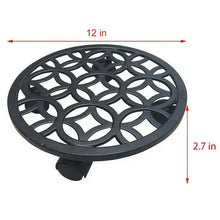 Black round plant caddy with lattice top and caster feet, 12 in diameter