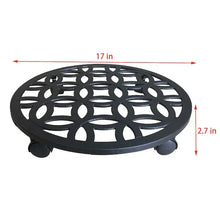 Black plant caddy with oval lattice top and four caster wheels