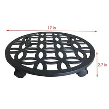 Black circular plant caddy with lattice top and four caster wheels