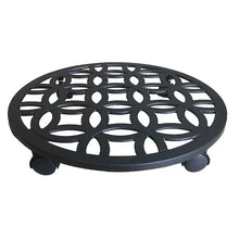 Black oval plant caddy with lattice design and four caster wheels