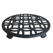 Black circular plant caddy with decorative lattice and four caster wheels