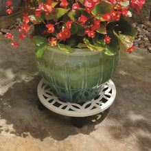 Off-white round plant caddy with lattice cutouts and black feet holding a planter