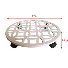 Off-white plant caddy top with decorative cutouts and side dimensions 17 in and 2.7 in