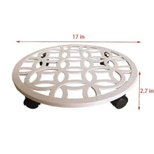 Off-white round plant caddy base with ornate lattice cutouts and four black caster feet