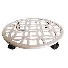 Off-white circular plant caddy with oval cutout design and black support feet