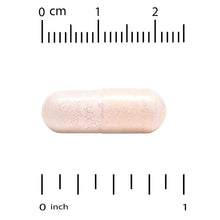 Pink probiotic veggie capsule beside inch/cm measurement scale