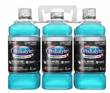Pedialyte Advanced Care+ electrolyte drink bottles with turquoise liquid, 3-pack
