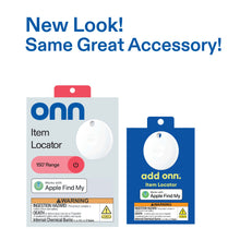 Onn item locator retail package showing a white keyring tag accessory