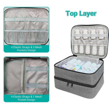 Grey medicine bag with top layer elastic straps and mesh pockets, open interior