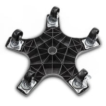 Black four-wheel plant caddy base with star-shaped spokes and circular center