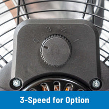 3-speed control knob on black fan housing with dial labeled 1 to 3