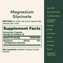 Supplement Facts panel for magnesium glycinate, serving size 2 capsules, 240 mg per serving