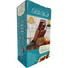 Boxed Pioneer Woman cutlery set with red-handled knives and wooden knife block