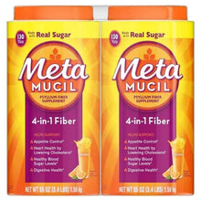Meta Mucil 4-in-1 Fiber supplement cartons with real sugar front panels