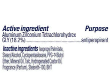 Antiperspirant deodorant label showing active aluminum zirconium ingredient and purpose