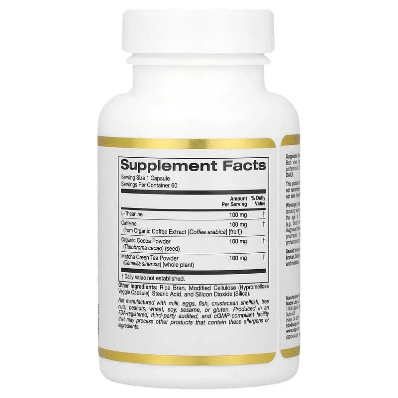 California Gold Nutrition, TheanineUPâ„¢, L-Theanine & Caffeine Plus Cocoa, and Matcha, 60 Veggie Capsules - USA MEGA SHOP