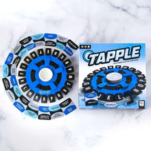 Tapple word game set with blue spinner base, letter ring, and game box