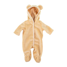 Tan hooded baby doll onesie with bear ears and footed legs.