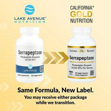 Serrapeptase supplement bottle with gold band label and white cap