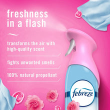 Febreze Air Mist spray bottle, pink top and blue body with circular Febreze logo