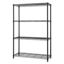 Black 4-tier wire shelving rack with top and three wire shelves, open frame.