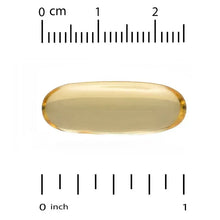 Yellow omega-3 softgel capsule shown with size scale markings