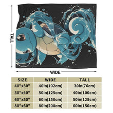 Black flannel throw blanket with blue turtle character portrait and teal swirling splash