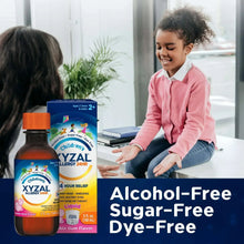 Xyzal allergy relief liquid bottle and box, alcohol-free sugar-free dye-free