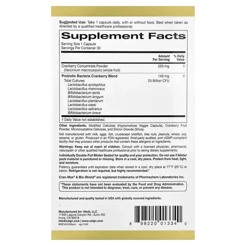 California Gold Nutrition, CranMax® LactoBif® Probiotics, 25 Billion CFU, 30 Veggie Capsules