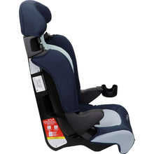Kids booster car seat with dark blue base and light gray seat pad, side view