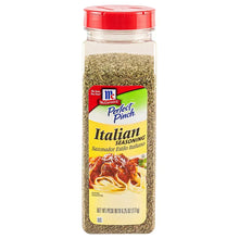 Italian seasoning bottle with red cap and green label, McCormick Perfect Pinch.