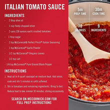 Italian tomato sauce label with ingredients list and cooking instructions.