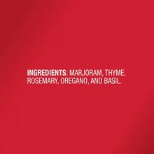 Italian seasoning ingredients text: marjoram, thyme, rosemary, oregano, basil