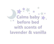 Bath wash label text: calms baby before bed with lavender and vanilla scents