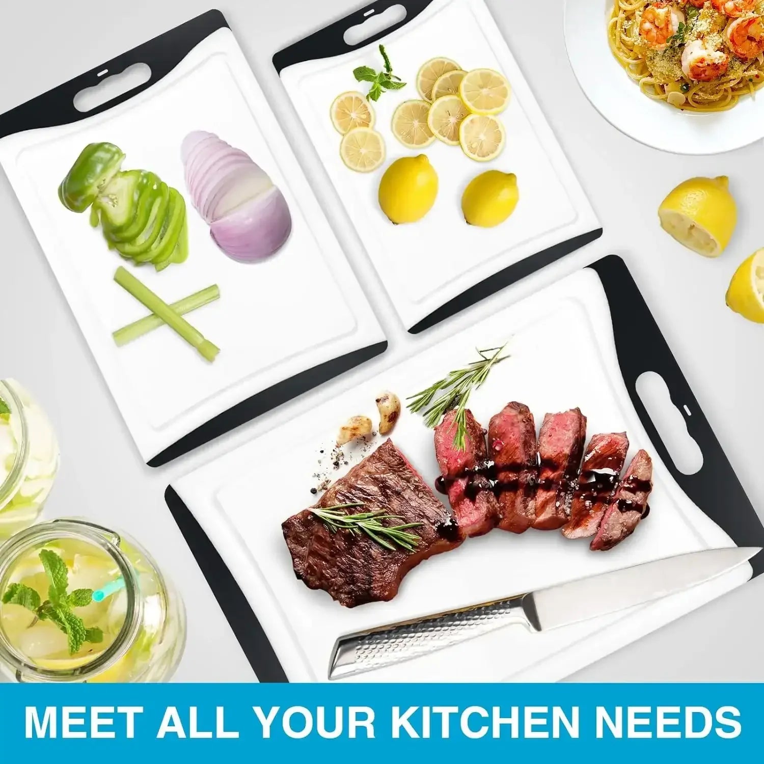 Cutting Boards for Kitchen, Plastic Cutting Board Set of 3, Dishwasher Safe Cutting Boards w/Juice Grooves for Meat, Veggies, Easy Grip Handle, Serveware Accessories - USA MEGA SHOP