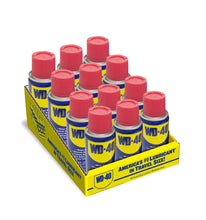 Pack of WD-40 multi-use spray cans with red caps in a yellow cardboard tray