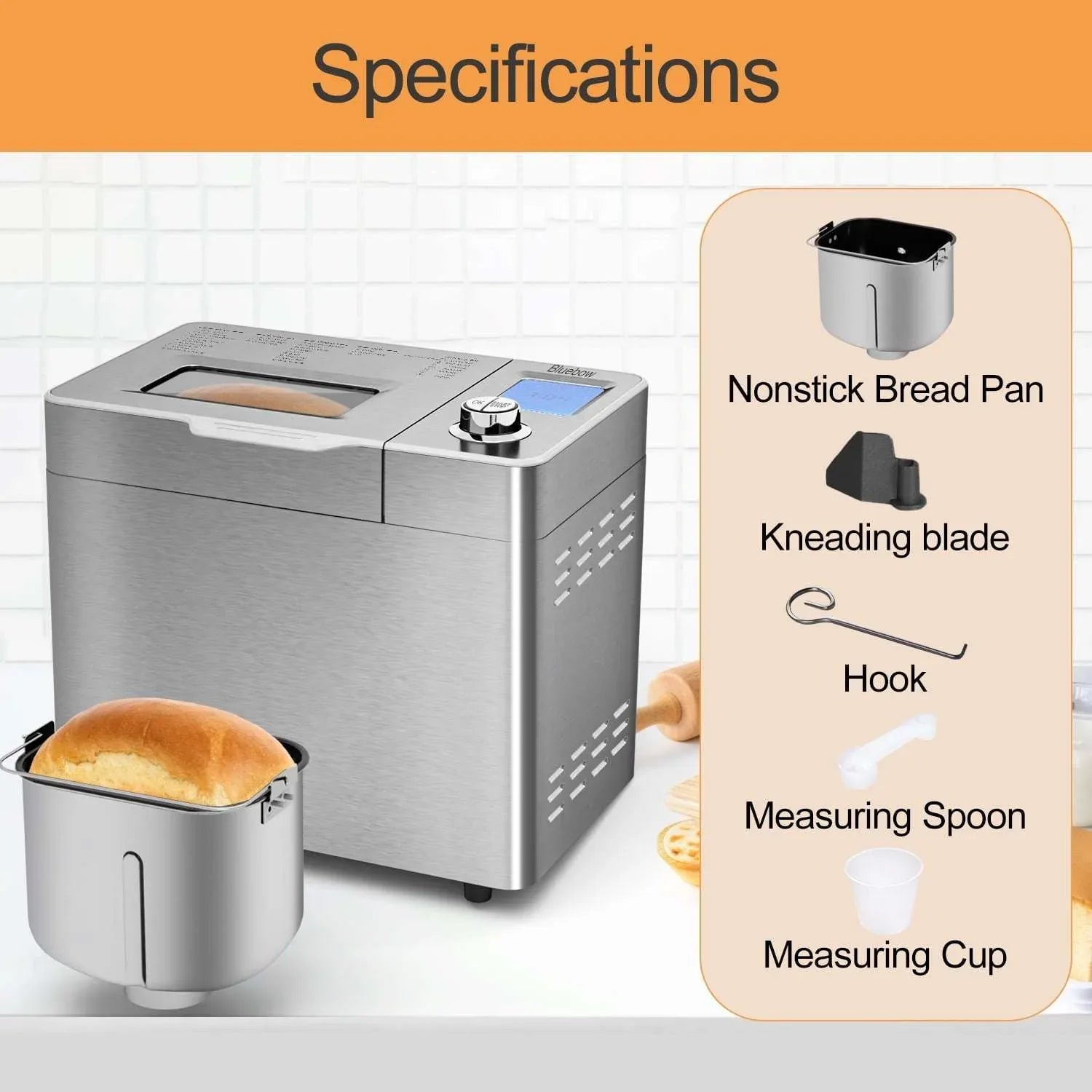 Bluebow 25-in-1 Bread Maker, 2LB Bread Machine with Auto Fruit/Nut Dispenser, Gluten-Free Setting, Keep Warm&13H Delay Timer, Stainless Steel - USA MEGA SHOP