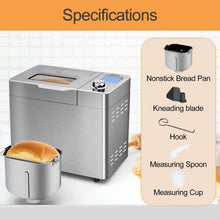 Stainless steel bread maker with nonstick bread pan, kneading blade, measuring cup, and spoon