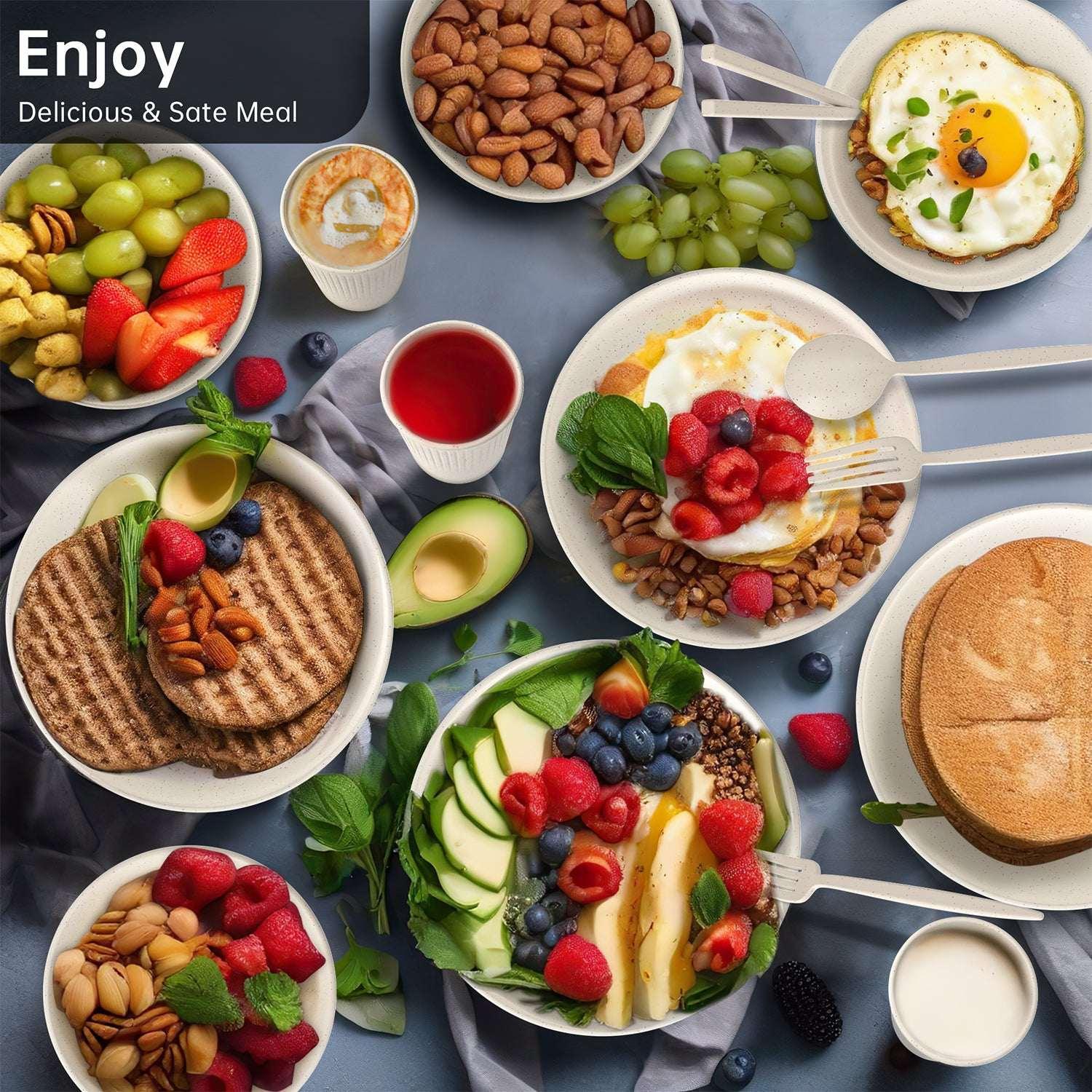 GPED 68 Pcs Wheat Straw Dinnerware Sets For 6, Unbreakable Dinnerware Sets, Reusable Wheat Straw Plates and Bowls Sets, Travel Camping Cutlery Set, Dishwasher Microwave Safe Dinnerware, Beige