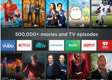 Roku Express streaming graphic with app logos and 500,000+ movies and TV episodes