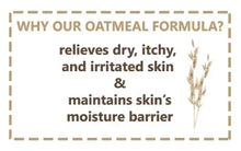 Bath wash label text: relieves dry, itchy, irritated skin; supports moisture barrier
