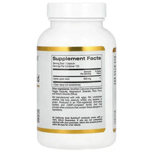 Alpha lipoic acid 600 mg veggie capsule bottle, Supplement Facts panel