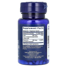 Blue supplement bottle back panel showing Supplement Facts for Folate and B12