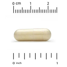 5-HTP veggie capsule next to inch and cm measurement scale