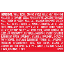 Dog treat ingredients label panel with wheat, meat, minerals, and vitamins list