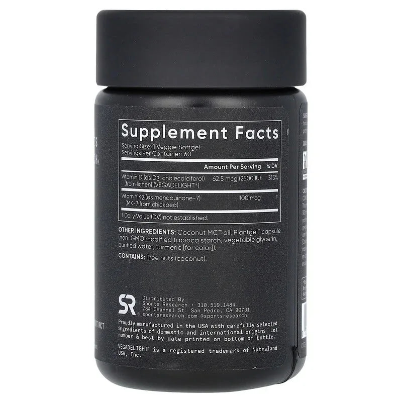 Sports Research, D3 + K2, Plant-Based, 62.5 mcg/100 mcg, Veggie Softgels