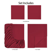 Red microfiber sheet set: fitted sheet, flat sheet, and 2 pillowcases