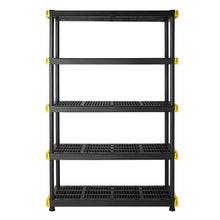 Black 5-tier heavy-duty plastic shelf rack with wire decks and metal frame