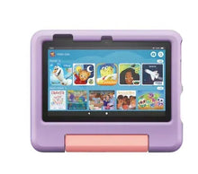 Purple kids tablet in protective case with front screen and pink handle stand