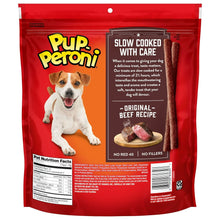 Dog treat bag back panel, slow cooked with care, original beef recipe, serving guidance